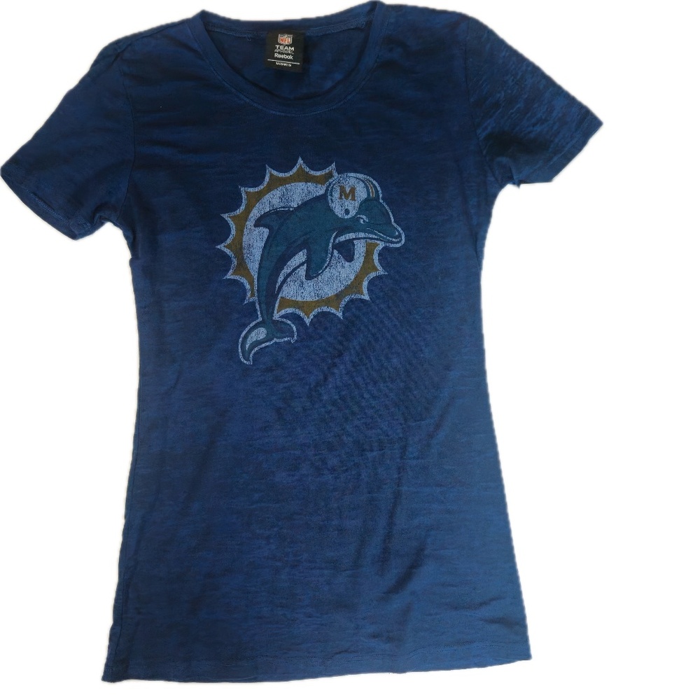 Miami Dolphins Shirt Womens Large Blue‎ NFL Football SS Heathered Reebok Tee NEW